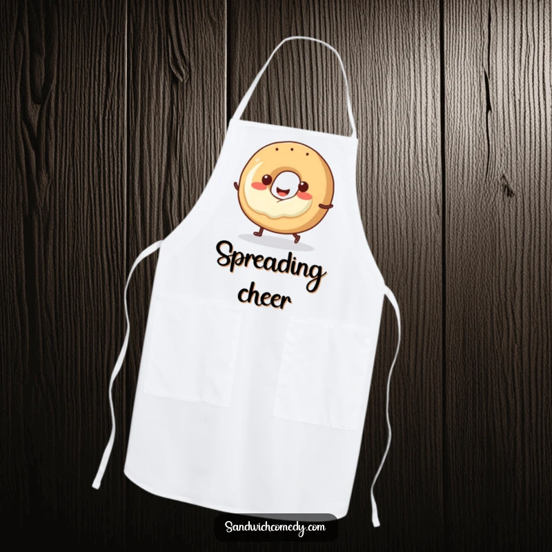 Funny bagel apron with a smiling bagel and cream cheese doing a little hop, ideal for kitchen use.