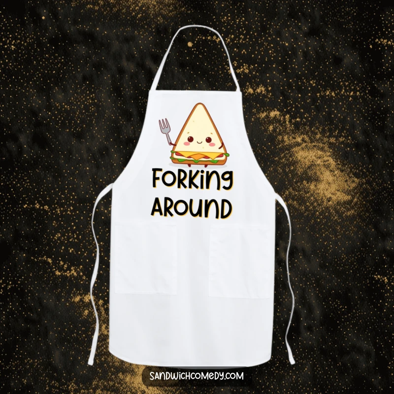 Funny triangular sandwich apron with a happy character holding a tiny fork, ideal for kitchen use.