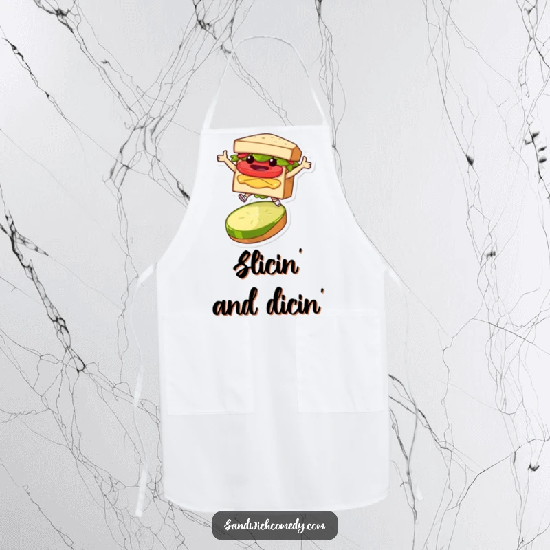 Funny apron showing a layered sandwich character joyfully leaping over a pickle slice, ideal for a humorous cooking experience.