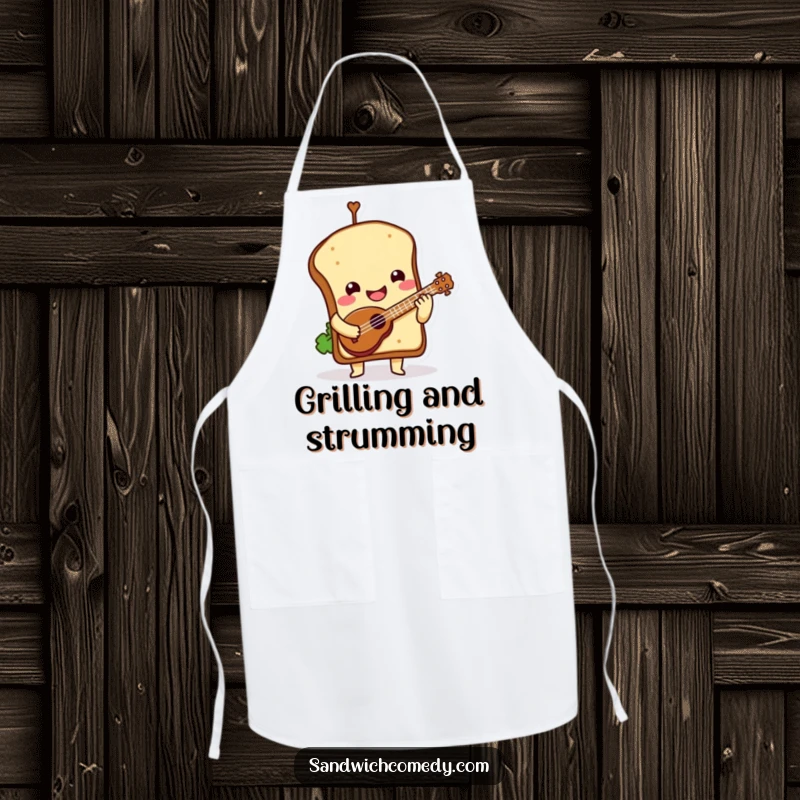 Funny Apron depicting a smiling sandwich character playing a tiny ukulele, perfect for culinary fun.