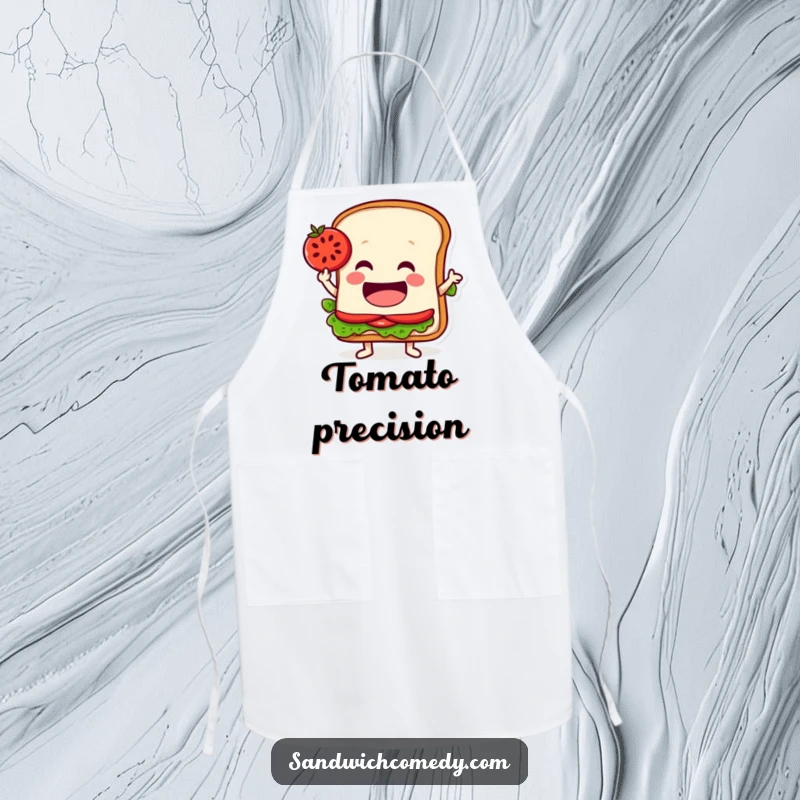 Funny apron showing a jovial sandwich character balancing a tomato slice on its pointed edge, ideal for precise kitchen fun.