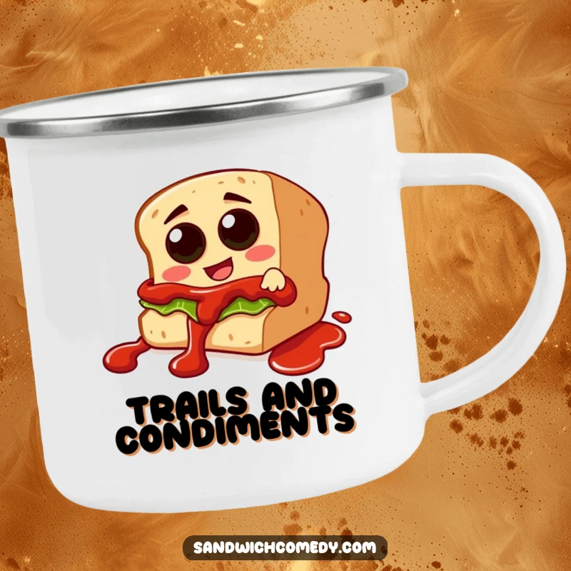 Funny camping mug featuring a sandwich character with olive eyes sliding down a ketchup drizzle, ready for outdoor fun.