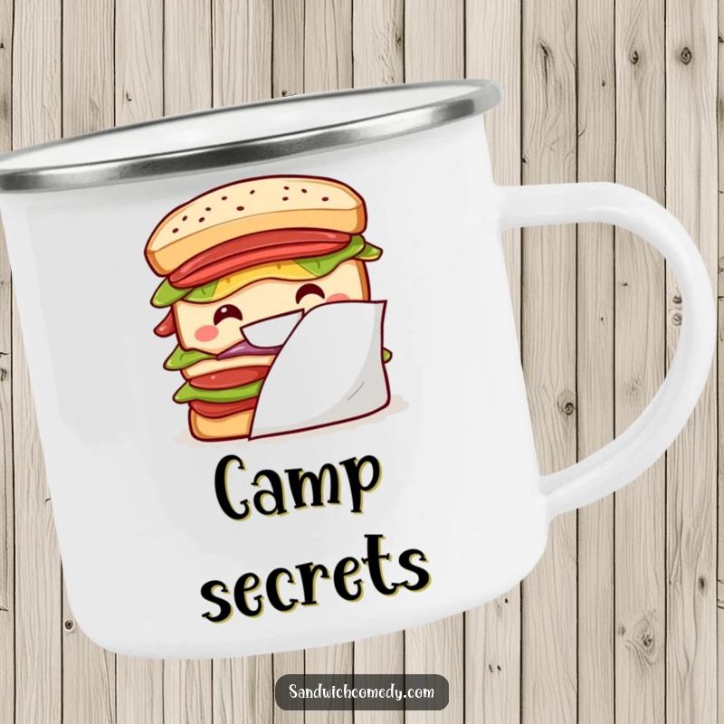 Funny layered sandwich camping mug with a big grin peeking from behind a napkin, perfect for outdoor adventures.