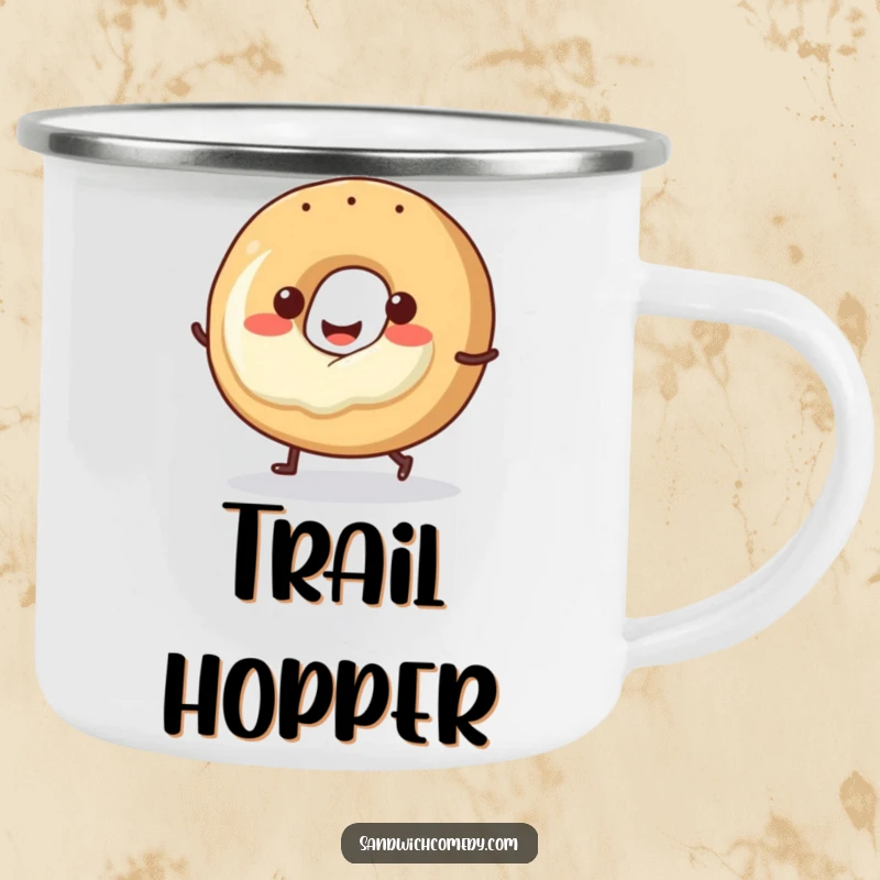 Funny bagel camping mug with a smiling bagel and cream cheese doing a little hop, built for outdoor enjoyment.