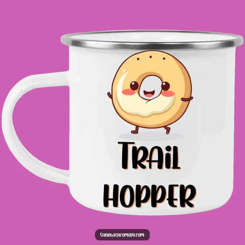Funny Hopping Bagel Camping Mug, Your Go-To Funny Mug for Breakfast Adventures