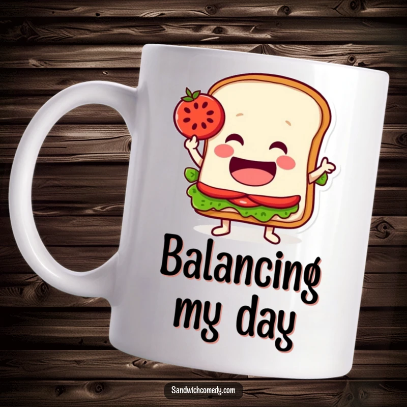 Funny mug featuring a jovial sandwich character expertly balancing a single tomato slice on its pointed edge with a grin.