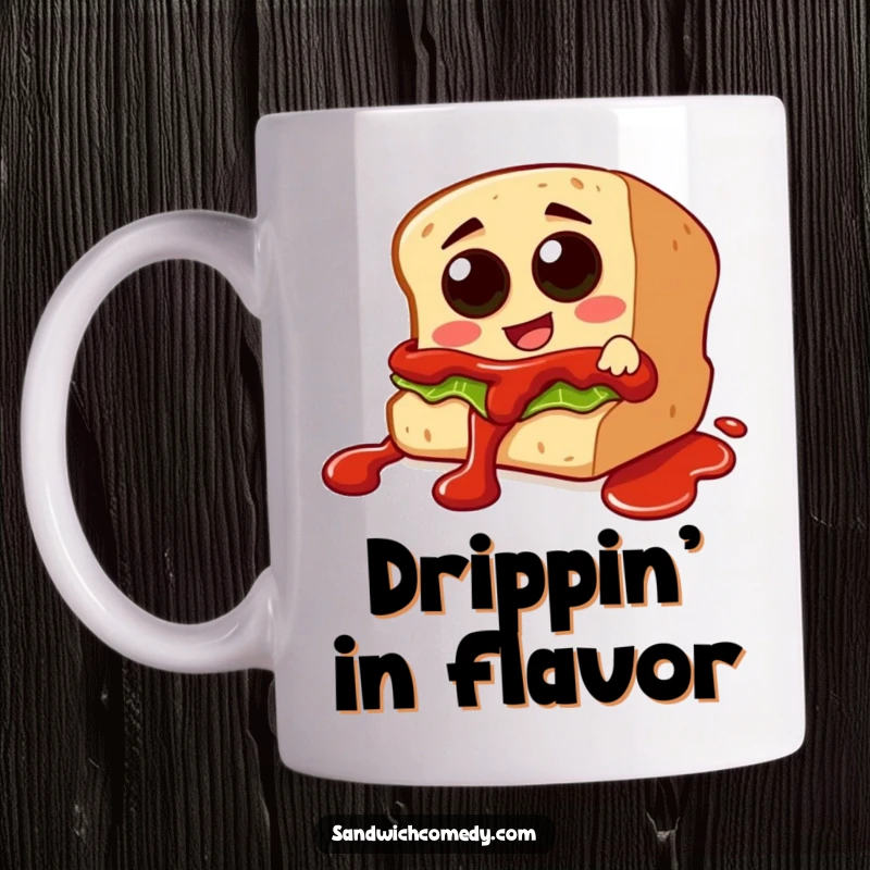Funny mug showing a sandwich character with olive eyes sliding excitedly down a red ketchup drizzle, capturing messy fun.