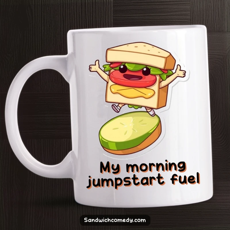 Funny mug featuring a layered sandwich character mid-air, joyfully leaping over a single pickle slice, expressing pure delight.