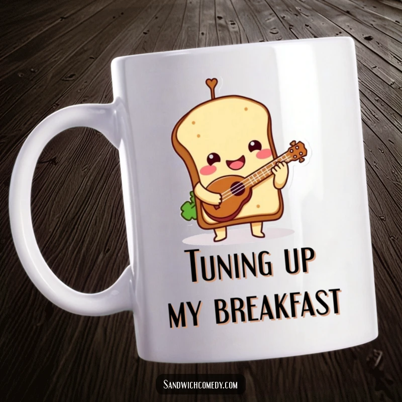 Funny Mug showing a smiling sandwich character with its top bun tilted, happily playing a tiny ukulele.