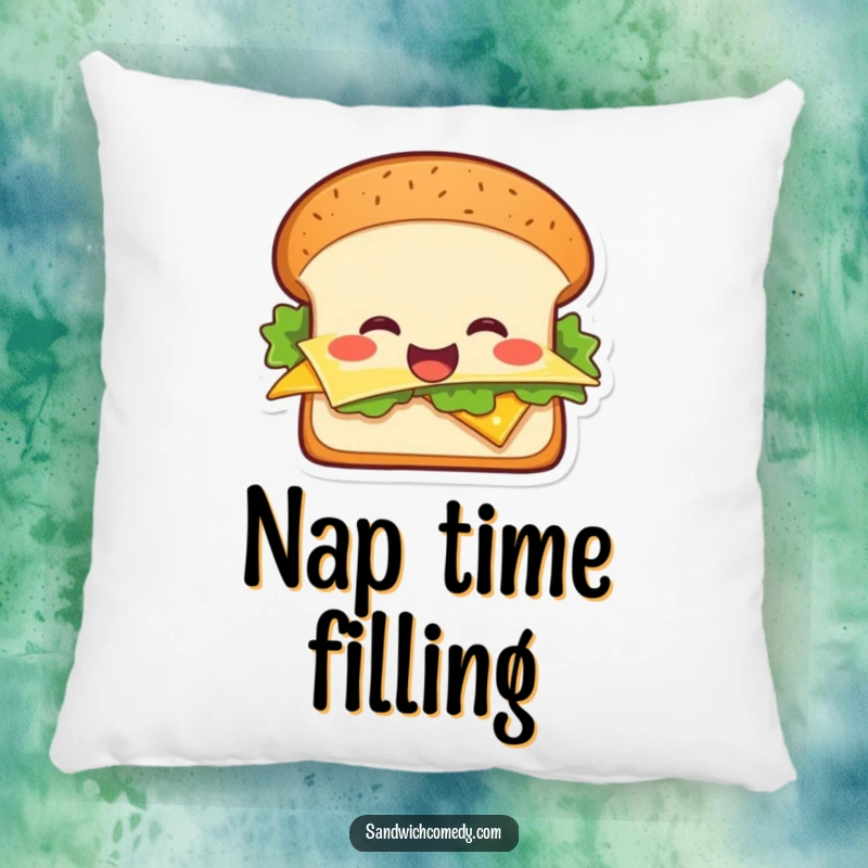 Funny cheerful sandwich pillow featuring a smiling sandwich with lettuce and cheese, offering soft, humorous decor.