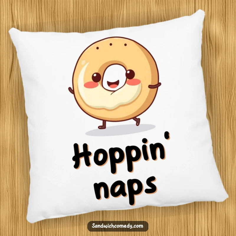 Funny bagel pillow with a smiling bagel and cream cheese doing a little hop, offering soft, humorous decor.