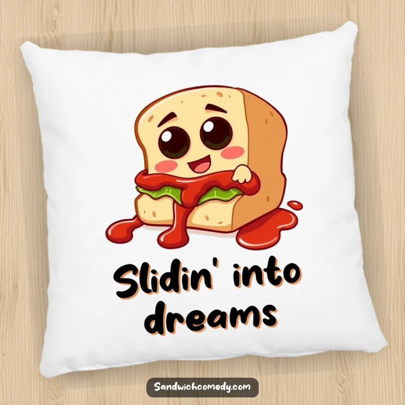 Funny pillow featuring a sandwich character with olive eyes sliding down a ketchup drizzle, offering comfort and messy fun.