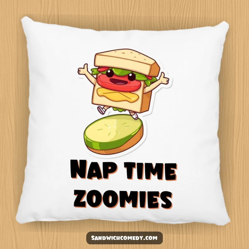 Funny pillow featuring a layered sandwich character in a jubilant leap over a pickle slice, offering comfort and humor.