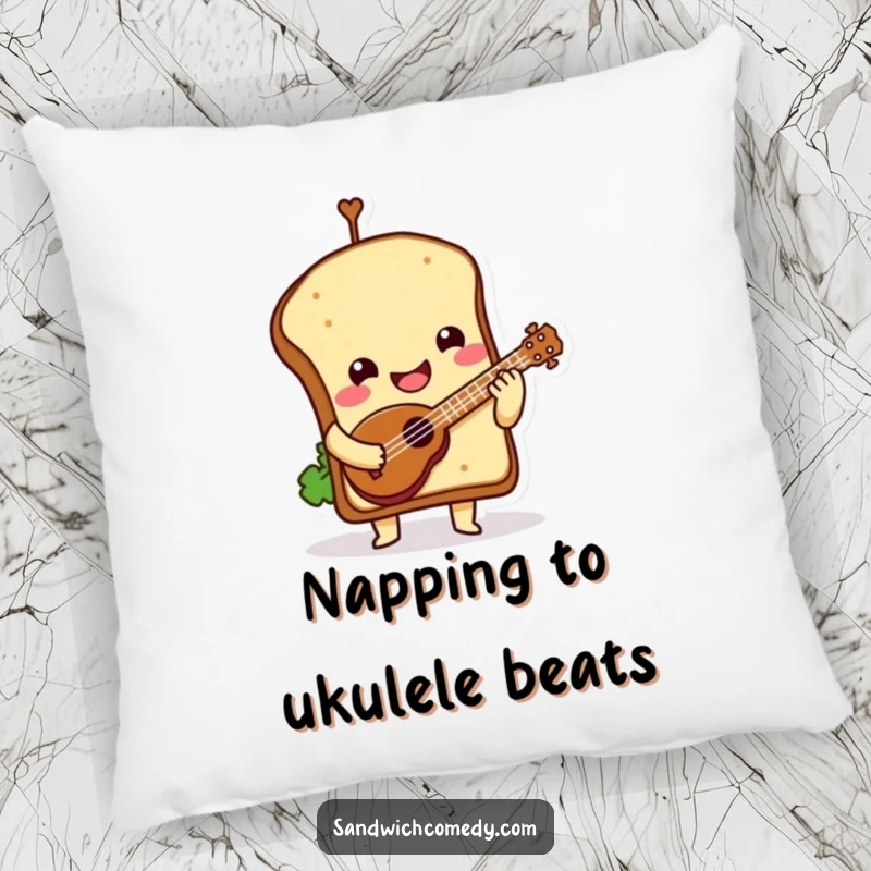 Funny Pillow with a smiling sandwich character, top bun tilted, playing a tiny ukulele.