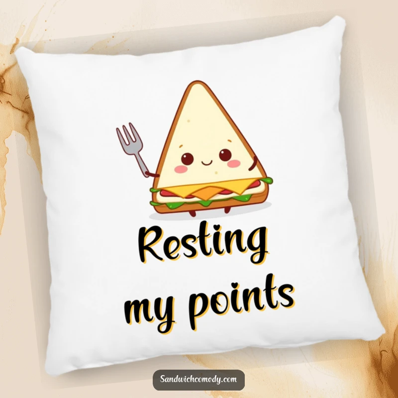 Funny triangular sandwich pillow with a happy character holding a tiny fork, offering soft, humorous decor.