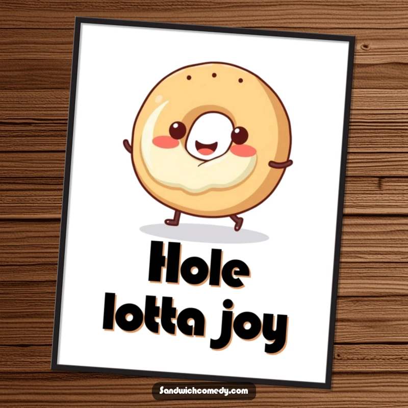 Funny bagel digital art print featuring a smiling bagel with cream cheese doing a little hop, ready to download.