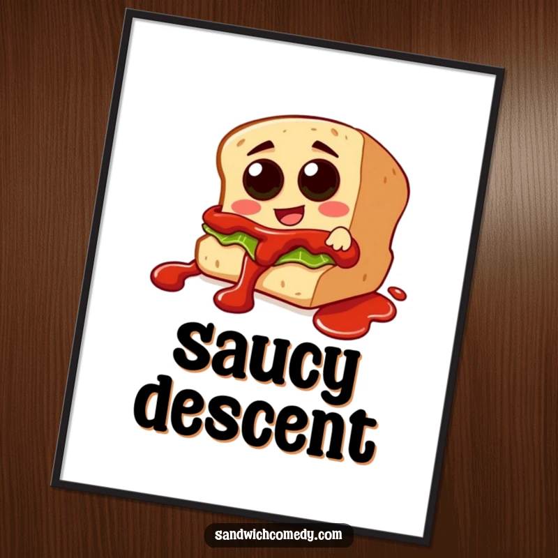Funny digital art print of a sandwich character with olive eyes sliding down a ketchup drizzle, vibrant and full of humor.