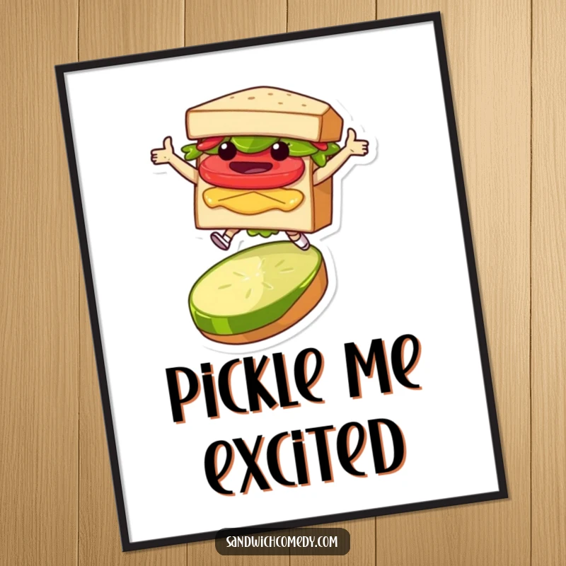 Funny digital art print of a layered sandwich character joyfully leaping over a pickle slice, vibrant and full of humor.