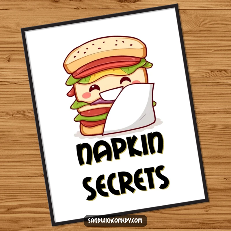 Funny layered sandwich digital art print featuring a big grin peeking from behind a napkin, ready to download.