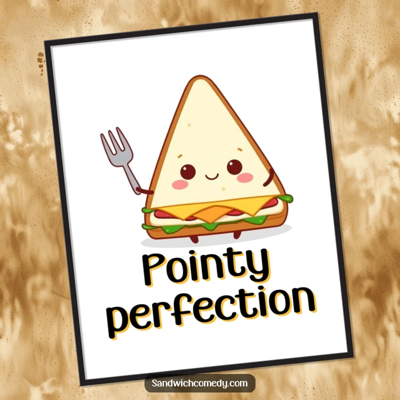 Funny triangular sandwich digital art print featuring a happy character holding a tiny fork, ready to download.