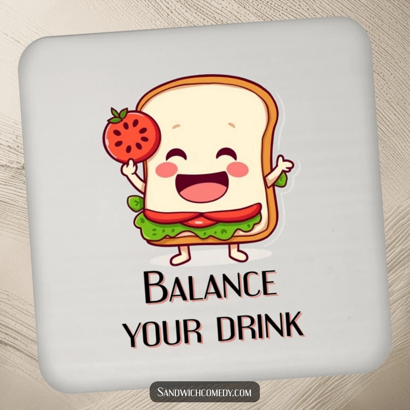 Funny drink coaster with a jovial sandwich character balancing a tomato slice on its pointed edge, protecting tables with humor.