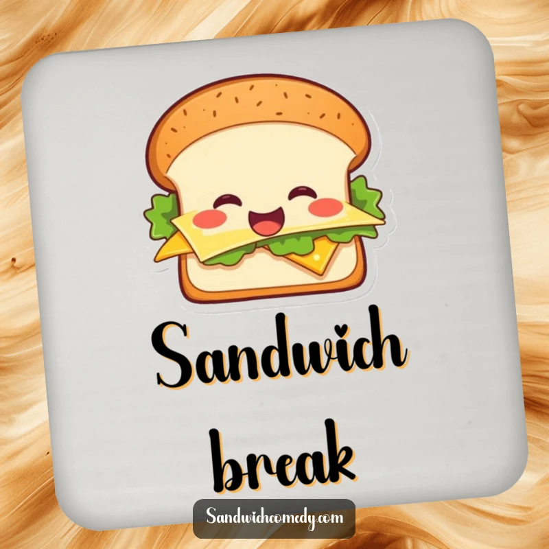 Funny cheerful sandwich coasters showcasing a smiling sandwich graphic, offering both protection and humor.