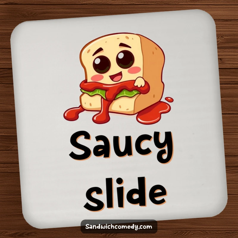 Funny drink coaster with a sandwich character with olive eyes sliding down a ketchup drizzle, protecting tables with humor.