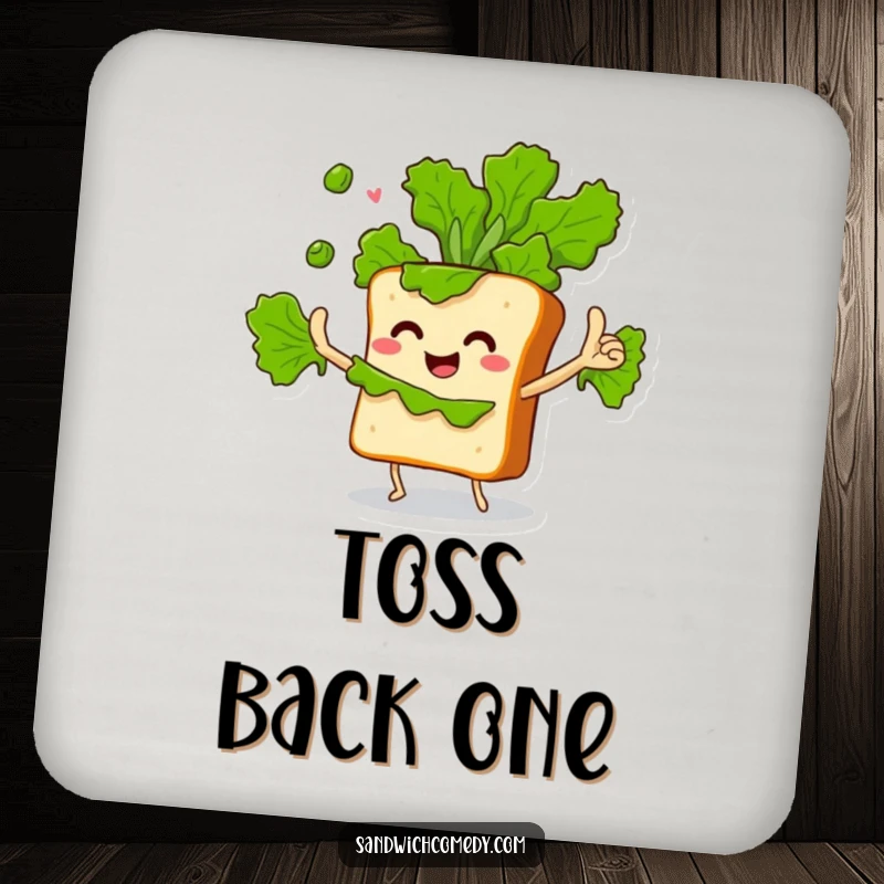 Funny drink coaster with a sandwich character enthusiastically juggling lettuce leaves, protecting tables with humor.