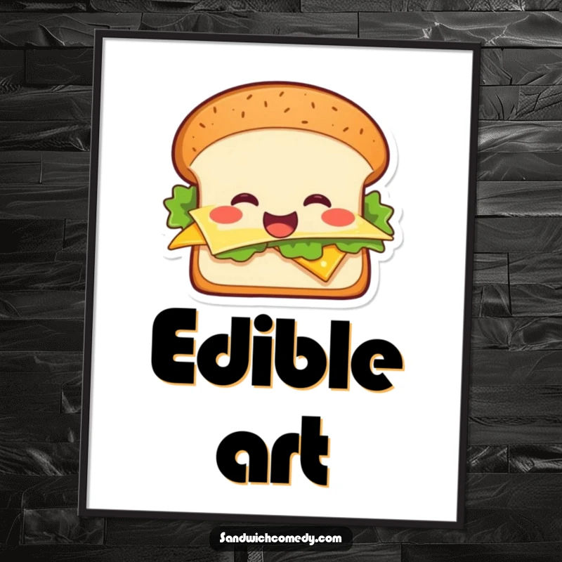 Funny cheerful sandwich poster depicting a smiling sandwich with lettuce and cheese, adding playful decor.