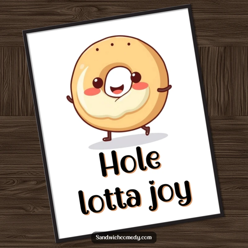 Funny bagel poster featuring a smiling bagel with cream cheese doing a little hop, adding cheerful wall decor.