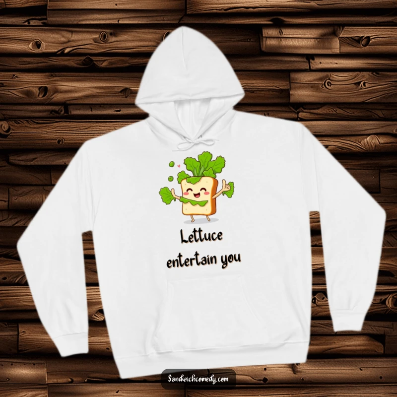 Funny hoodie featuring a sandwich character enthusiastically juggling lettuce leaves, perfect for cozy, playful moments.