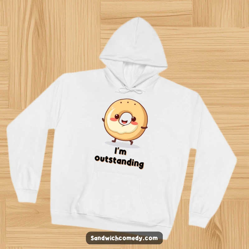 Funny bagel hoodie featuring a smiling bagel with cream cheese doing a little hop, perfect for cozy mornings.