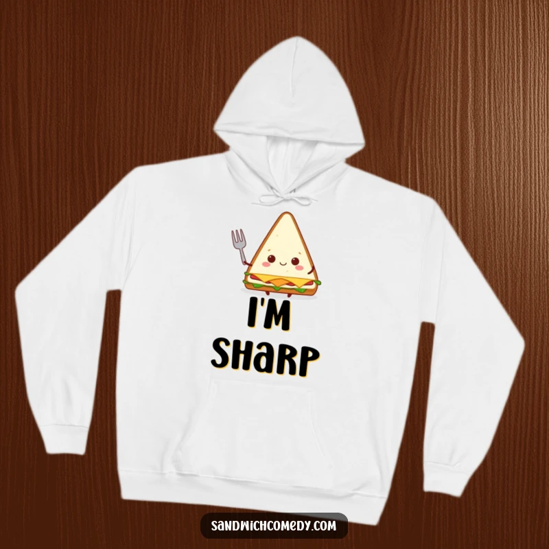 Funny triangular sandwich hoodie featuring a happy character holding a tiny fork, perfect for cozy meal times.