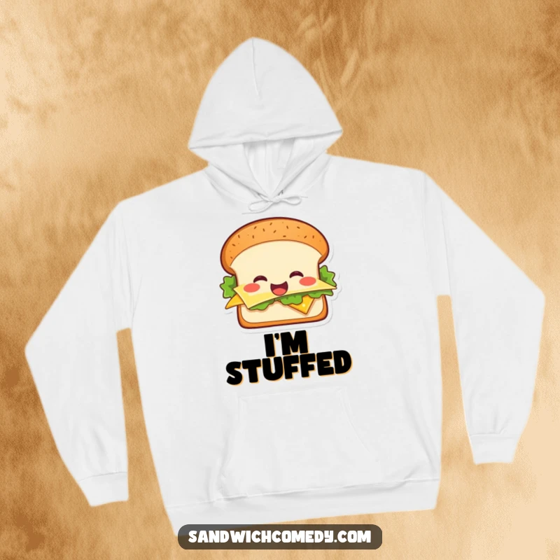 Funny cheerful sandwich hoodie featuring a happy sandwich design with lettuce and cheese, perfect for cozy comfort.