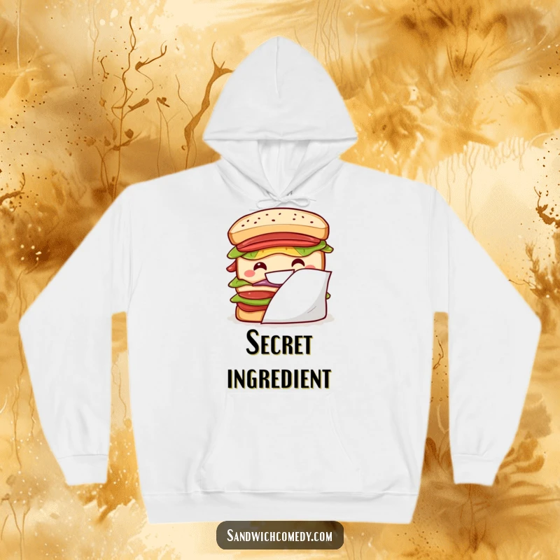 Funny layered sandwich hoodie featuring a big grin peeking from behind a napkin, offering cozy humor.