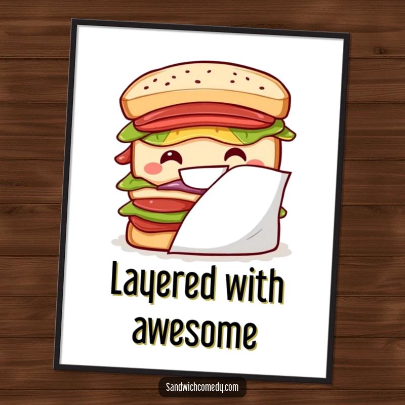 Funny Free Printable Wall Art of a layered sandwich with a big grin peeking from behind a napkin.