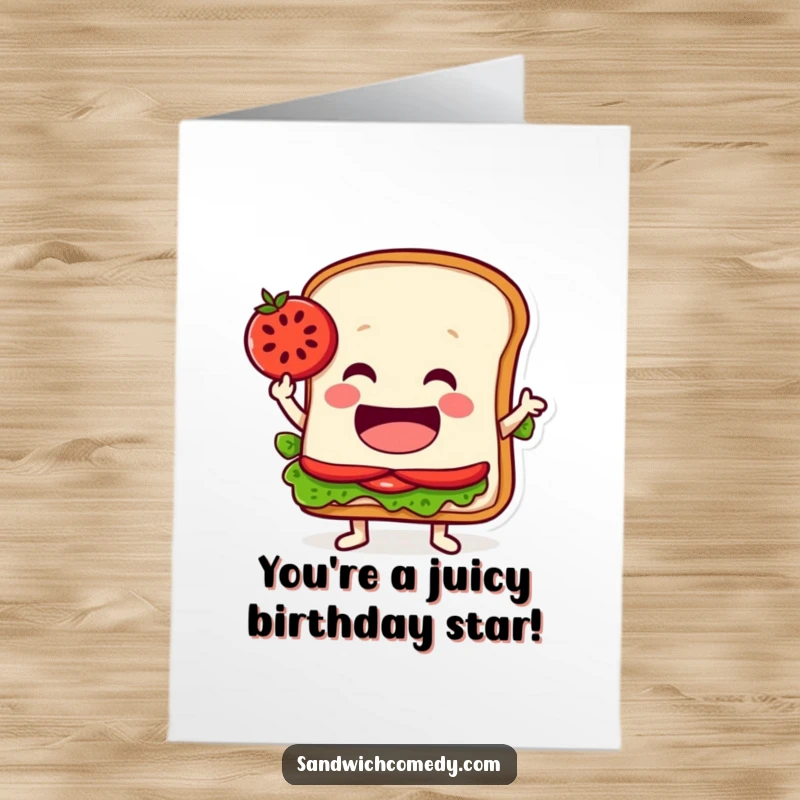 Funny Free Printable Birthday Card: Jovial sandwich character perfectly balancing a red tomato slice on its pointed tip.
