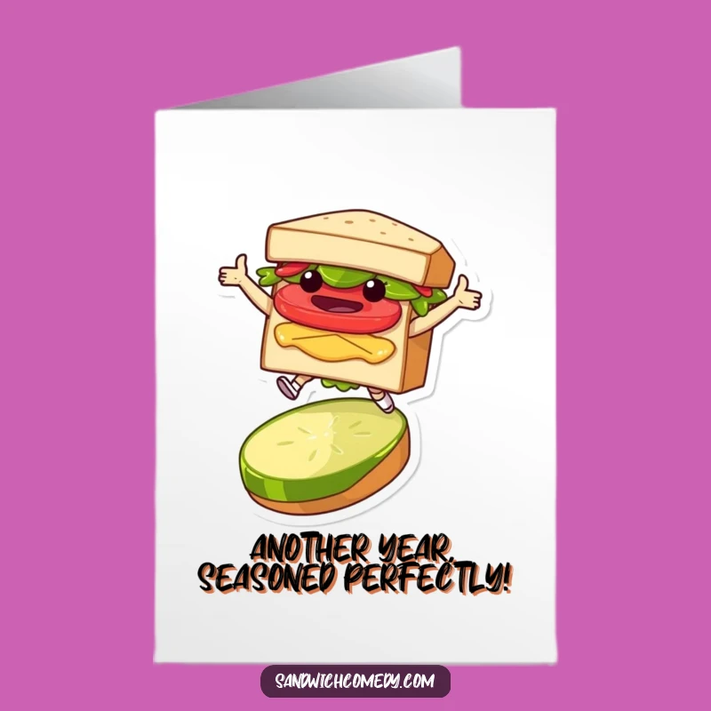 Free Printable Birthday Card: Funny Sandwich Character Leaping for Joy - Downloadable Gift