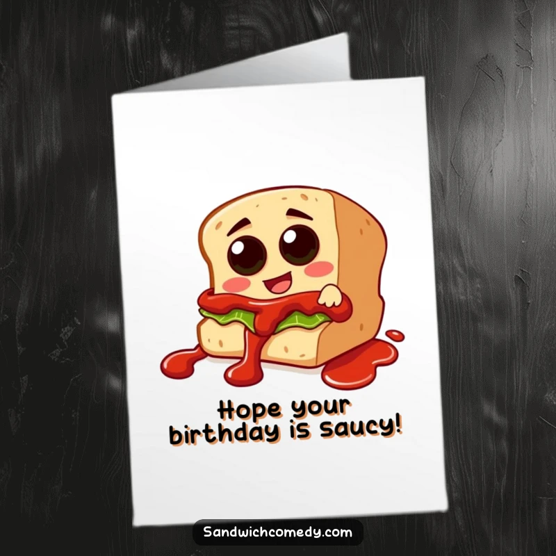 Funny Free Printable Birthday Card: Sandwich character with olive eyes sliding down a ketchup drizzle, full of birthday glee.