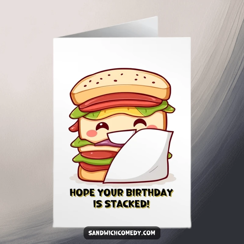 Funny Free Printable Birthday Card: A layered sandwich peeks from behind a napkin with a big grin.