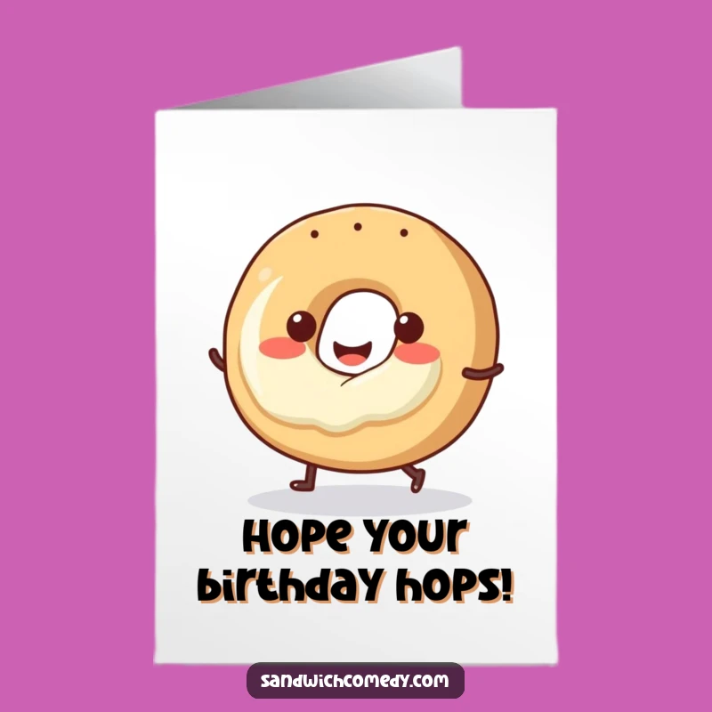 Free Printable Birthday Card: Hopping Bagel, Funny Downloadable Gift for a Cheerful Celebration