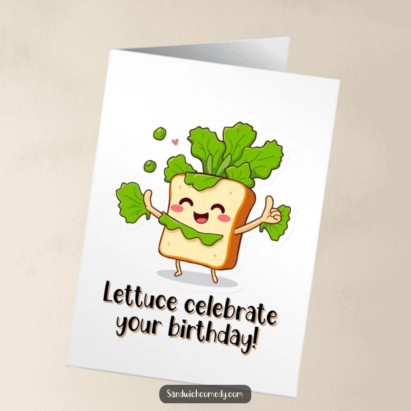 Funny Free Printable Birthday Card: Sandwich character with crusty arms enthusiastically juggling green lettuce leaves.
