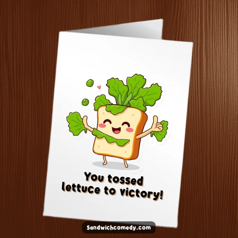 Funny Free Printable Congratulations Card: Sandwich character juggling many green lettuce leaves, showcasing impressive skills.