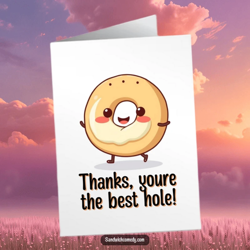 Funny Free Printable Thank You Card: A smiling bagel with cream cheese is happily doing a little hop.