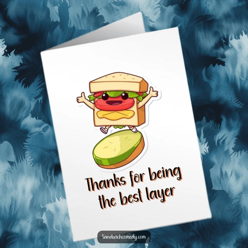 Funny Free Printable Thank You Card: Joyful sandwich character leaping over a pickle slice, showing immense gratitude.