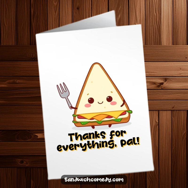 Funny Free Printable Thank You Card: A triangular sandwich character happily holding a tiny fork, expressing thanks.