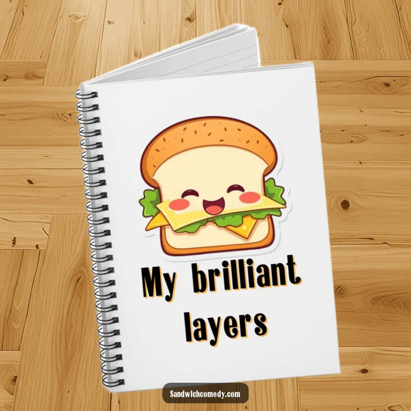 Funny cheerful sandwich notebook with a smiling sandwich illustration, perfect for notes and journaling.