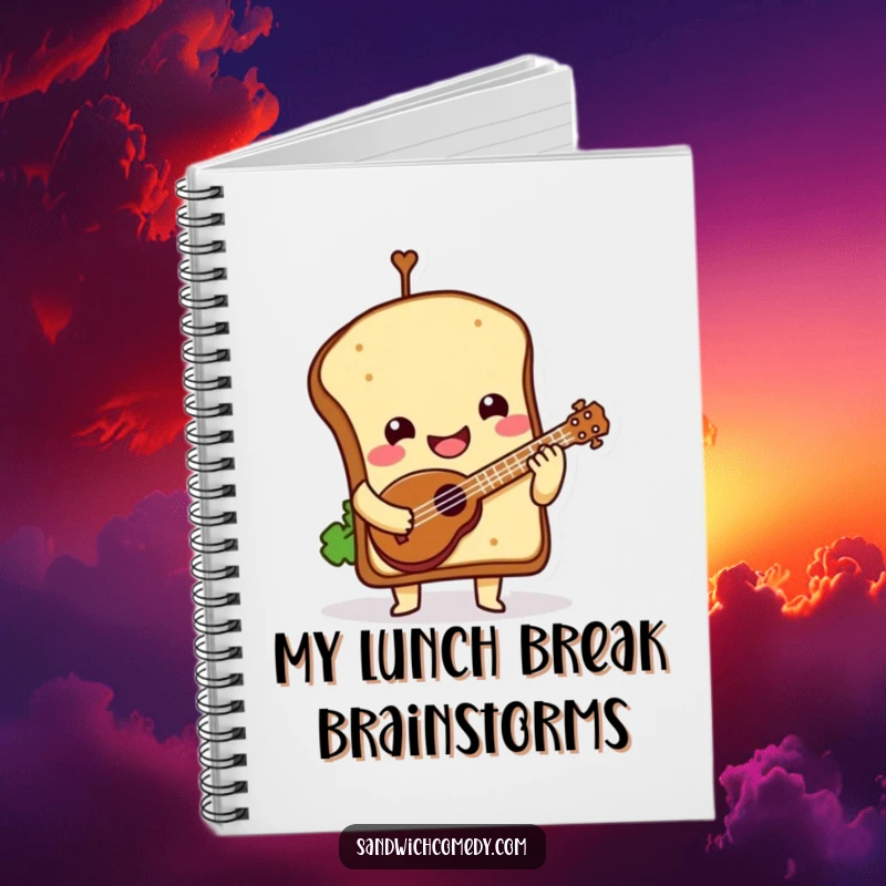 Funny Notebook with a smiling sandwich character playing a miniature ukulele, ready for your notes.
