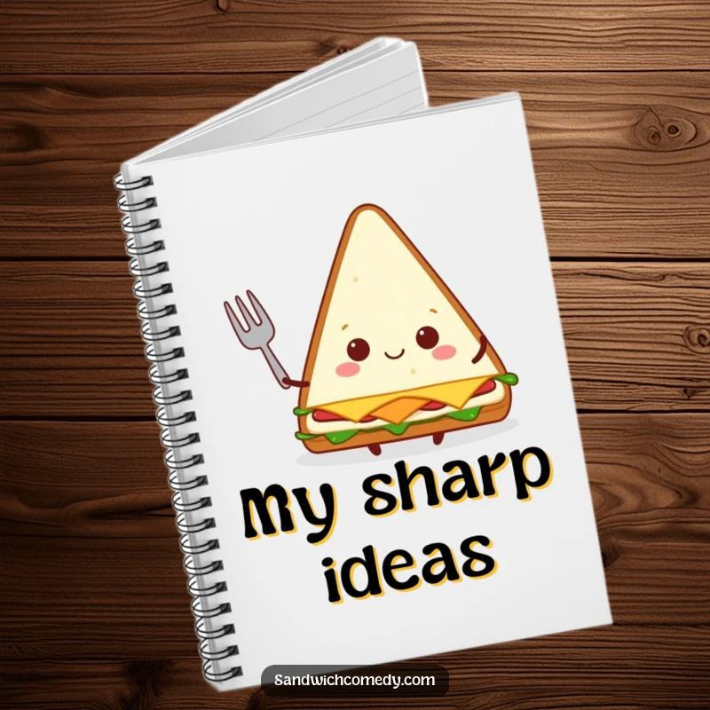 Funny triangular sandwich notebook featuring a happy character holding a tiny fork, perfect for notes and recipes.
