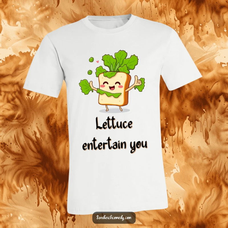 Funny t-shirt with a sandwich character, crusty arms in motion, enthusiastically juggling green lettuce leaves with skill.